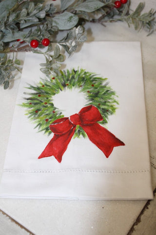 Hand-painted Tea Towel - Wreath with Bow