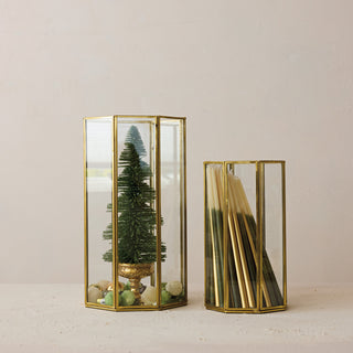 Glass & Brass Octagon Shaped Candle Holder/Container with Mirrored Bottom