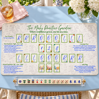 The Mahj Practice Garden mat on a blue table styled with white hydrangeas and a clear Mahjong rack