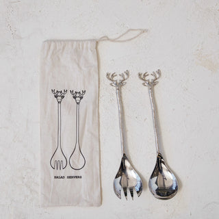 Stainless Steel & Brass Salad Server with Reindeer Handles