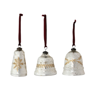 Etched Mercury Glass Bell Shaped Ornament with Burgundy Velvet Ribbon Hanger