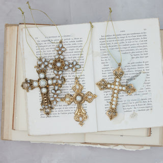 Pewter Cross Ornament with Faux Pearls, Gold Finish, 4 Styles