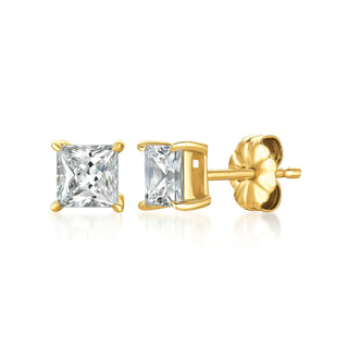 Solitaire Princess Stud Earrings Finished in 18kt Yellow Gold - 1.50 Cttw