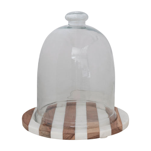 Glass Cloche w/Striped Wood and Marble Base