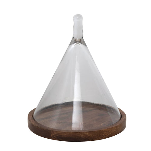 Glass Cone Shaped Cloche w/Mango Wood Base