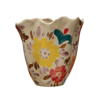 Hand-Painted Stoneware Ruffled Vase w/ florals