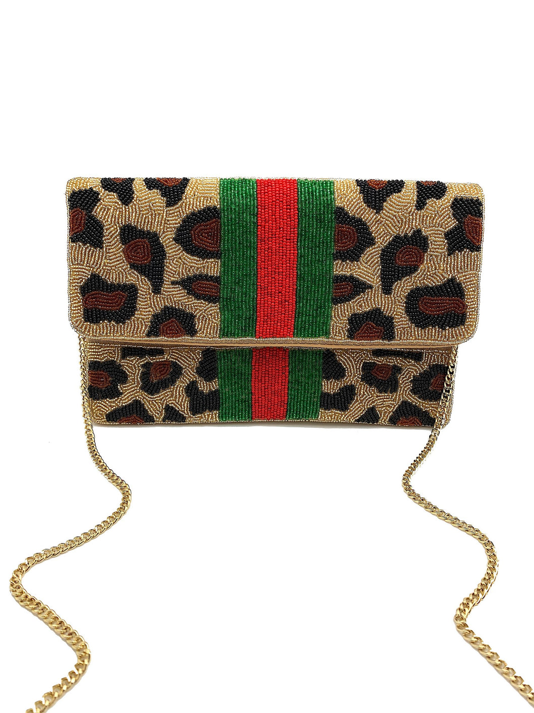 Leopard Print Beaded Clutch - Green/Red Stripe