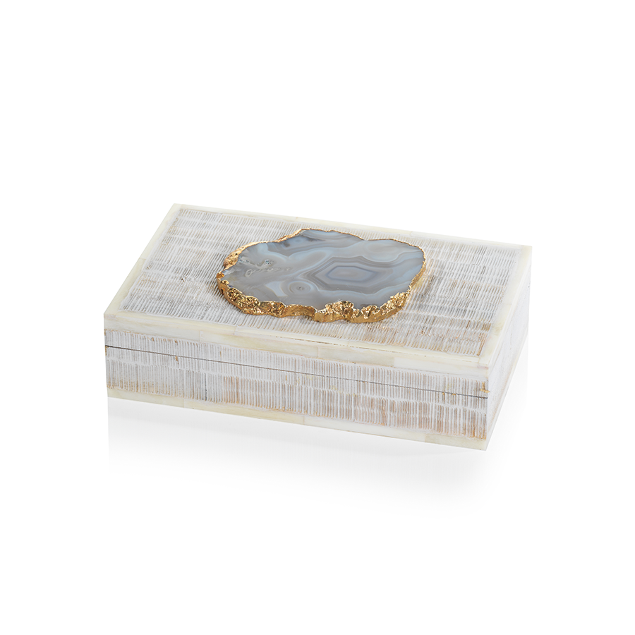 Agate Stone Chiseled Mangowood & Bone Box