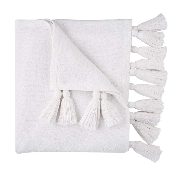 White Woven Tassel Throw Blanket