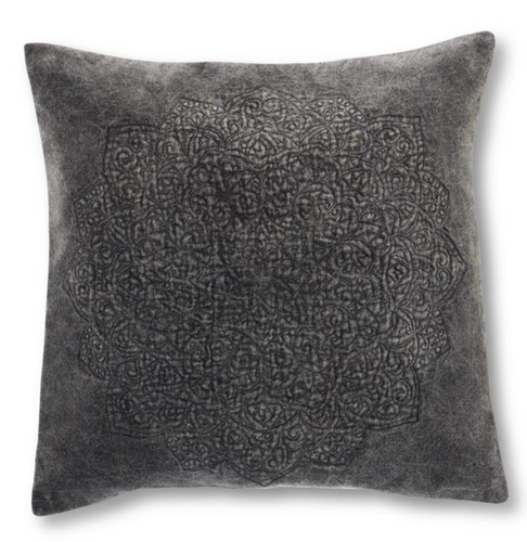 Embroidered Mandala Gray Stone Wash Pillow