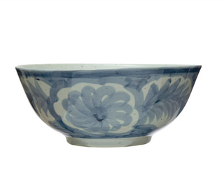 Blue & White Design Hand-Painted Stoneware Bowl