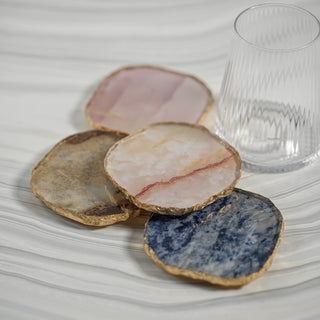 Pink Agate Marble Glass Coaster with Gold Rim
