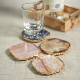 Pink Agate Marble Glass Coaster with Gold Rim