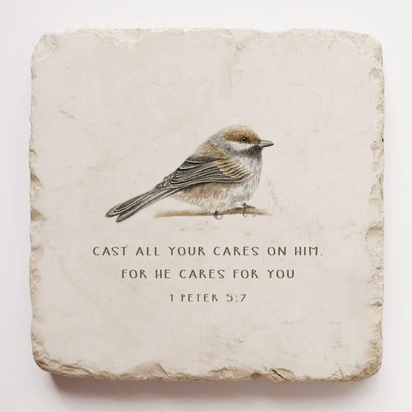 Stone Art - 1 Peter 5:7 with bird